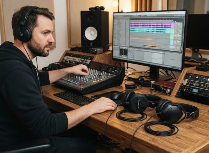 A male DJ comparing two pairs of professional headphones in a recording studio.