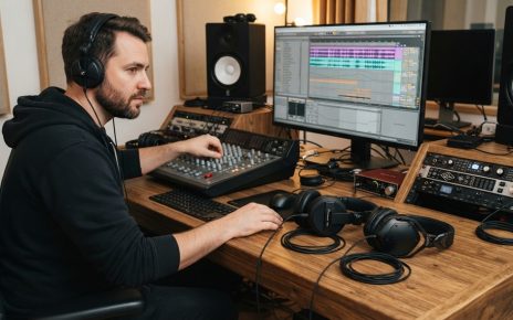 A male DJ comparing two pairs of professional headphones in a recording studio.