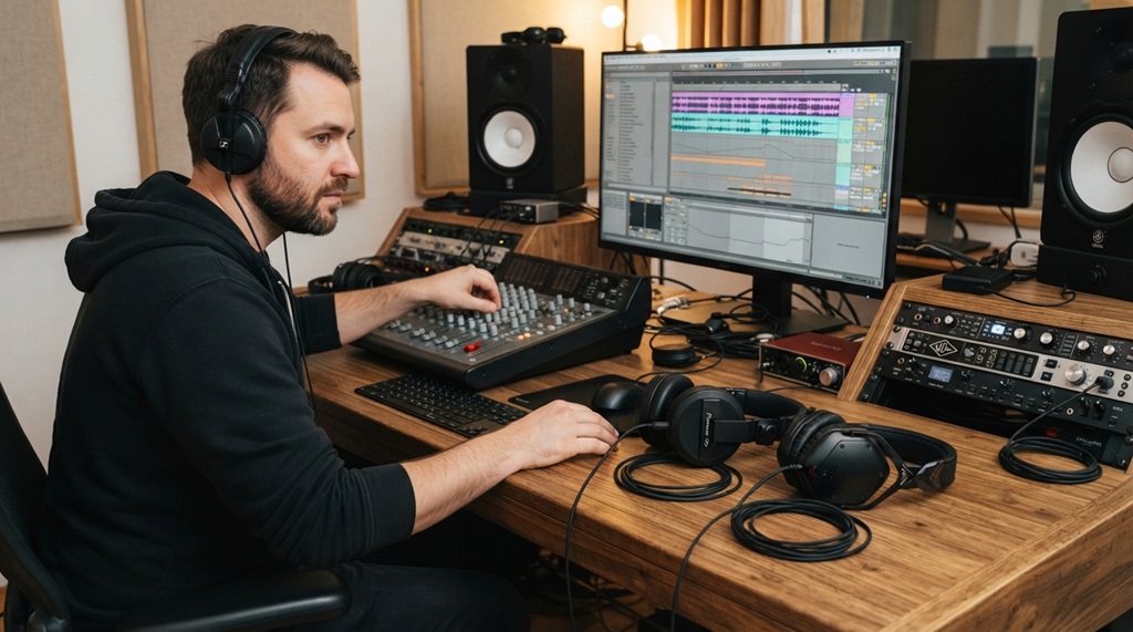 A male DJ comparing two pairs of professional headphones in a recording studio.