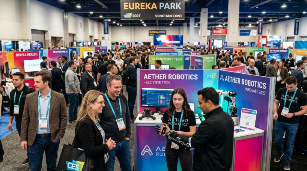 Attendees exploring startup innovations at Eureka Park during CES 2027 at the Venetian Expo Las Vegas