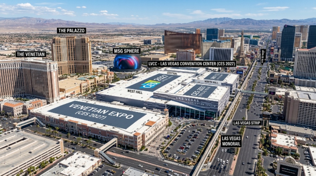 Aerial view of the Las Vegas Strip showing CES 2027 venue locations including the Venetian Expo and LVCC