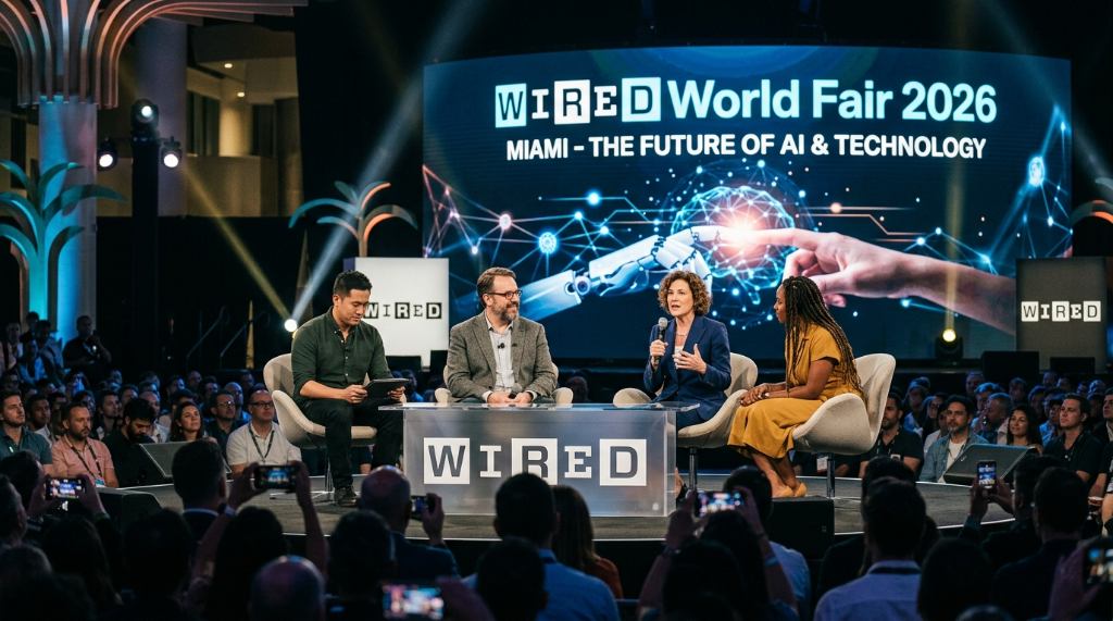 Speakers on stage at the WIRED World Fair 2026 discussing artificial intelligence and technology in Miami