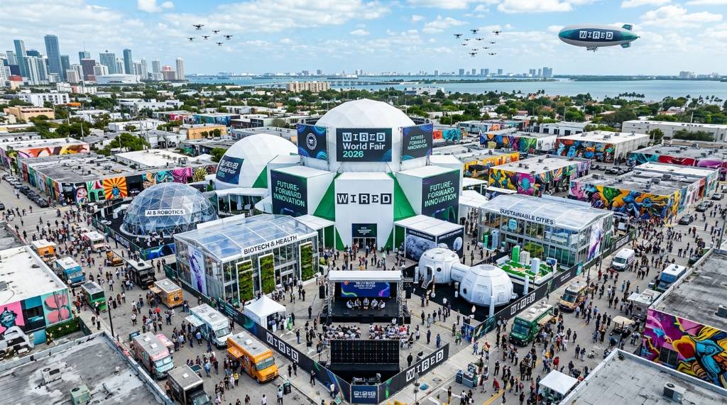 Aerial view of The Sacred Space venue in Wynwood Miami during the WIRED World Fair 2026
