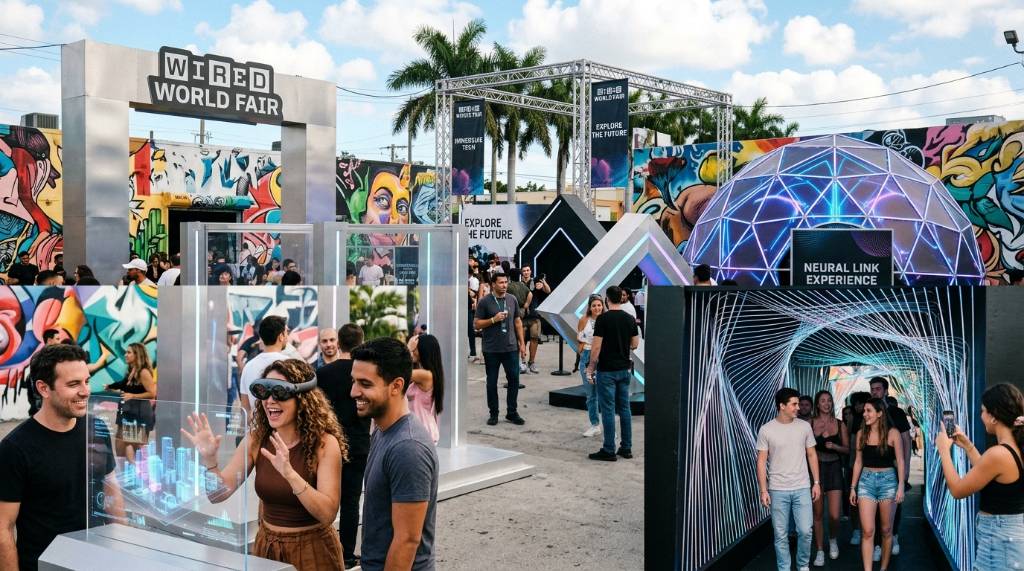 Visitors exploring immersive technology installations at the WIRED World Fair in Wynwood Miami