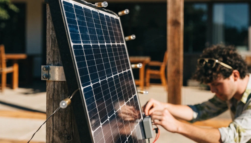 A man adjusting a solar light panel mounted on a wooden patio post.