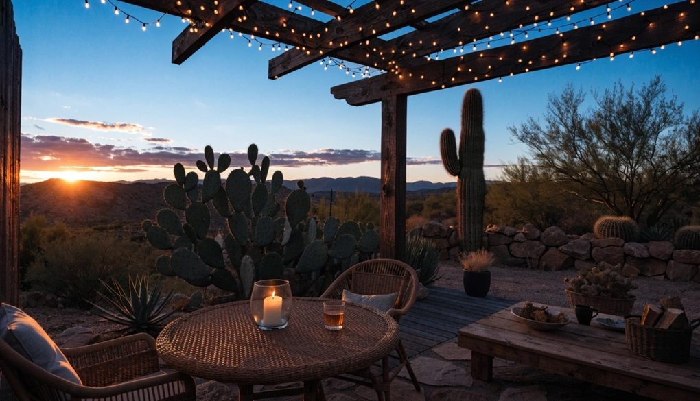 Warm solar string lights glowing over an Arizona desert patio at twilight.