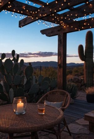 Warm solar string lights glowing over an Arizona desert patio at twilight.