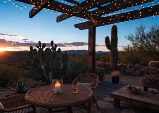 Warm solar string lights glowing over an Arizona desert patio at twilight.