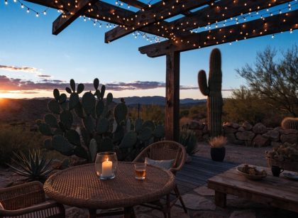 Warm solar string lights glowing over an Arizona desert patio at twilight.