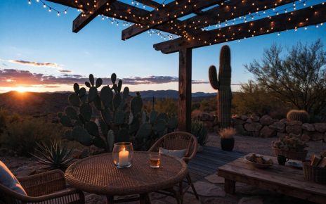 Warm solar string lights glowing over an Arizona desert patio at twilight.